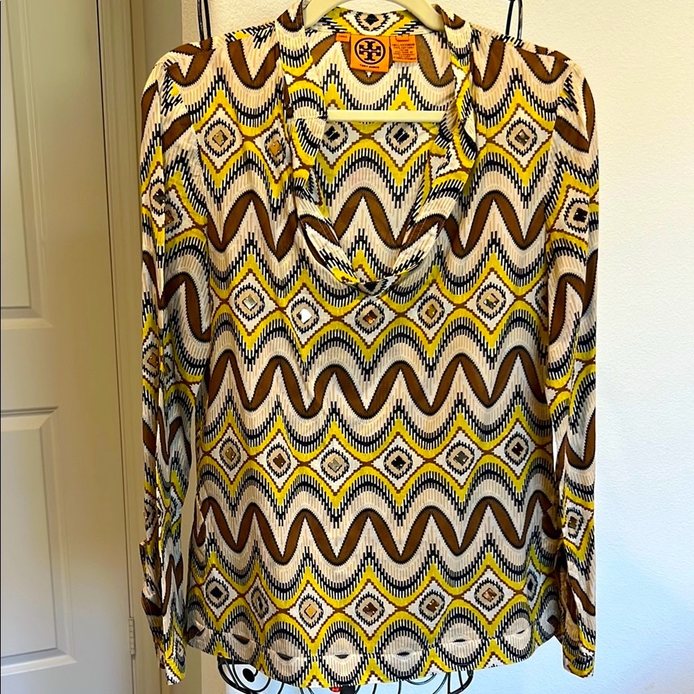 Tory Burch Brown, Yellow & Cream Geometric Cowl Neck Blouse